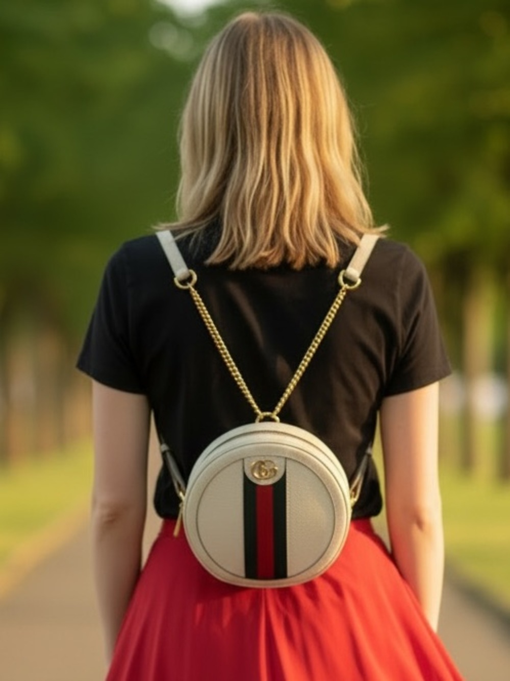 Gucci Cream Round Mini Backpack with Green and Red Web Stripe